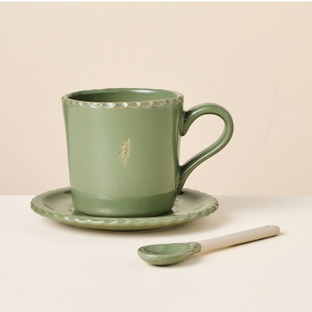 Hearth & Hand With Magnolia 6 fl oz Pinched Edge Teacup with Saucer and Spoon Gr